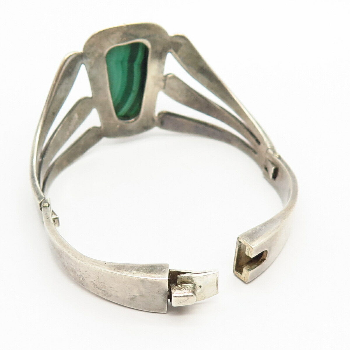 925 Sterling 2-Tone Vintage Mexico Malachite Gem Hinged Bangle Bracelet 6.5"