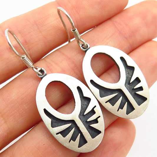 925 Sterling Silver Vintage Mexico Tribal Design Oval Drop Earrings