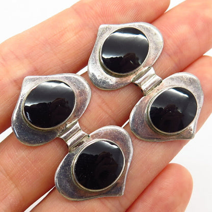 925 Sterling Silver Real Black Onyx Gem Double Ace Of Spades Design Earrings