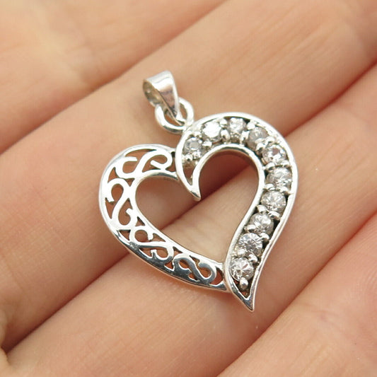 925 Sterling Silver Vintage C Z Open Heart Pendant