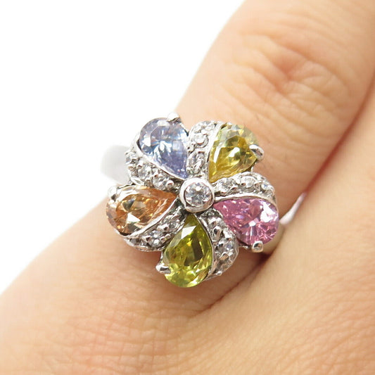 925 Sterling Silver Vintage Multi-Color C Z Floral Ring Size 6 1/4