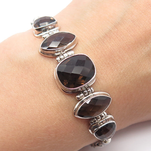 925 Sterling Silver Vintage Real Smoky Quartz Byzantine Link Bracelet 7.25"