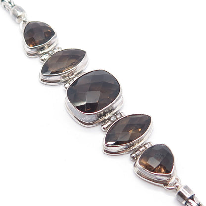 925 Sterling Silver Vintage Real Smoky Quartz Byzantine Link Bracelet 7.25"