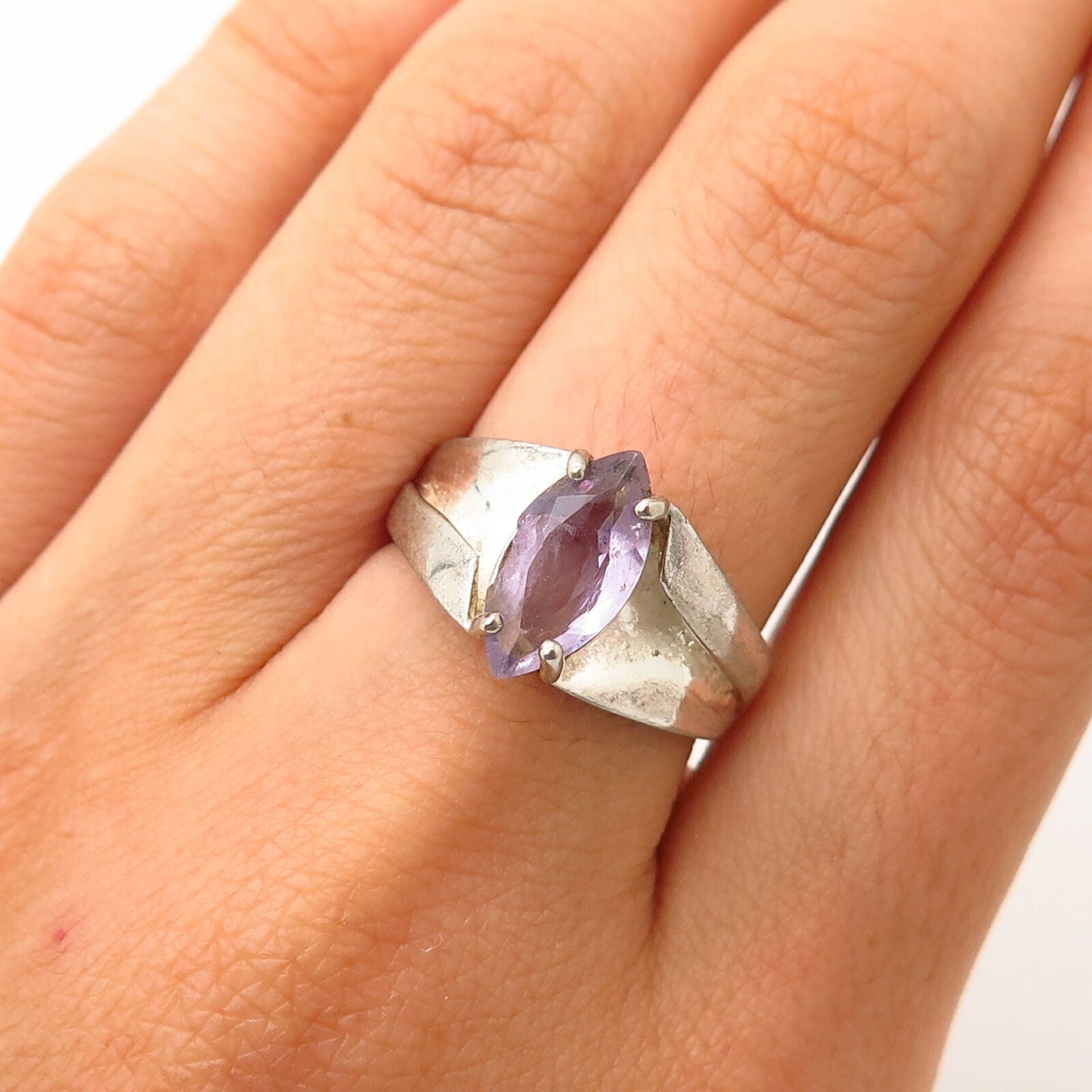 925 Sterling Silver Real Marquise-Cut Amethyst Gemstone Ring Size 6 3/4