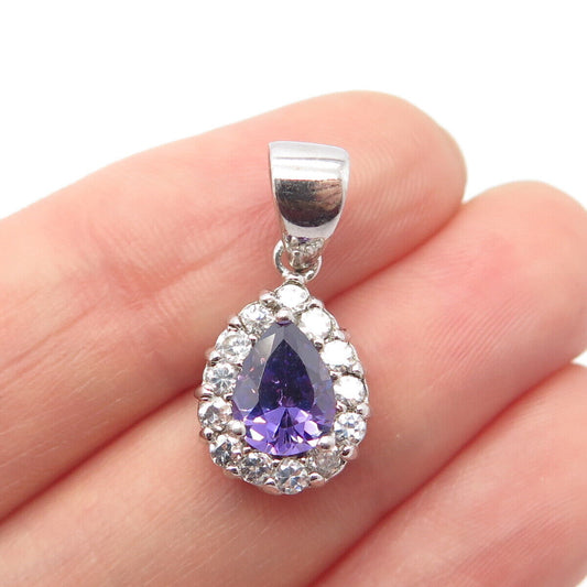 925 Sterling Silver White & Purple C Z Teardrop Charm Pendant