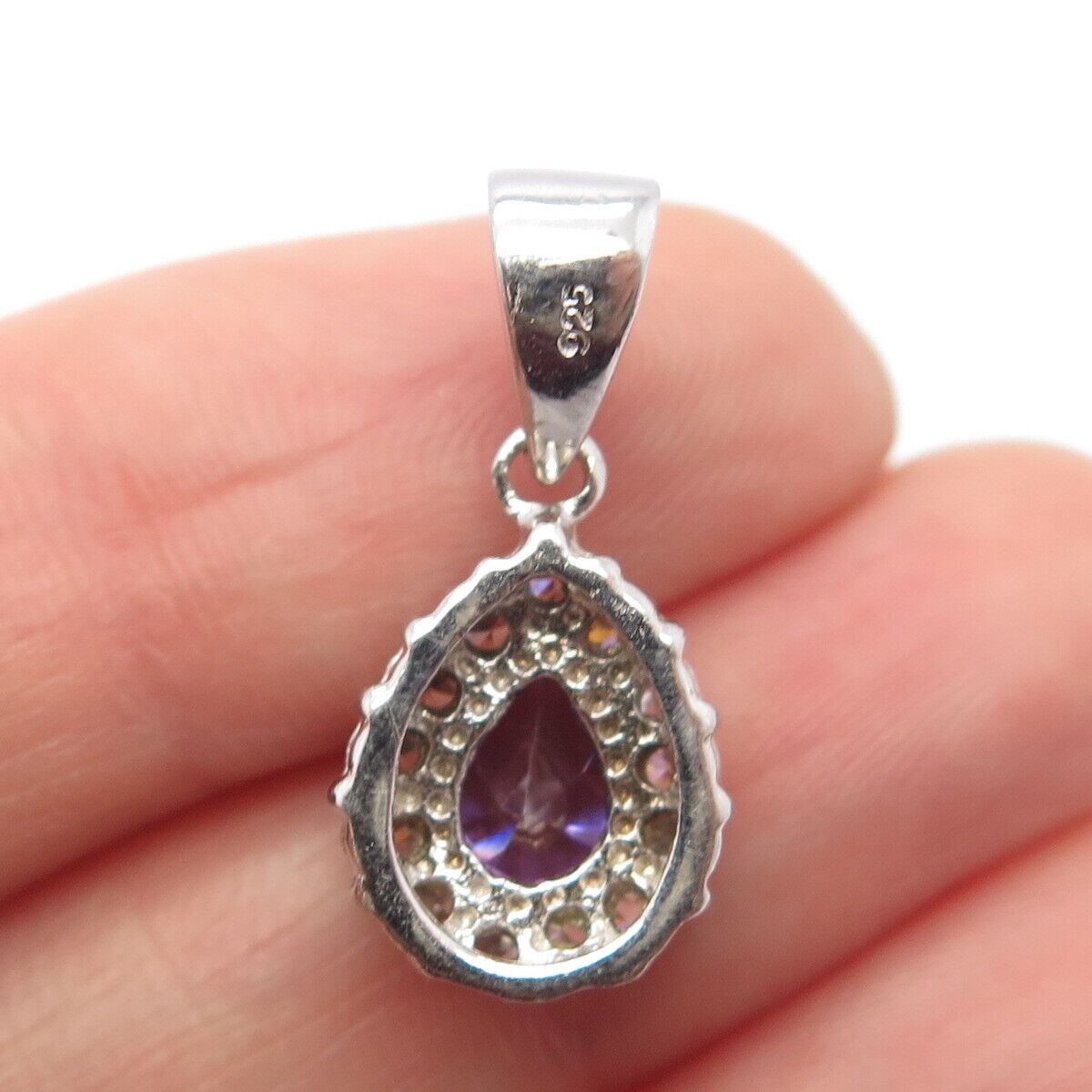 925 Sterling Silver White & Purple C Z Teardrop Charm Pendant