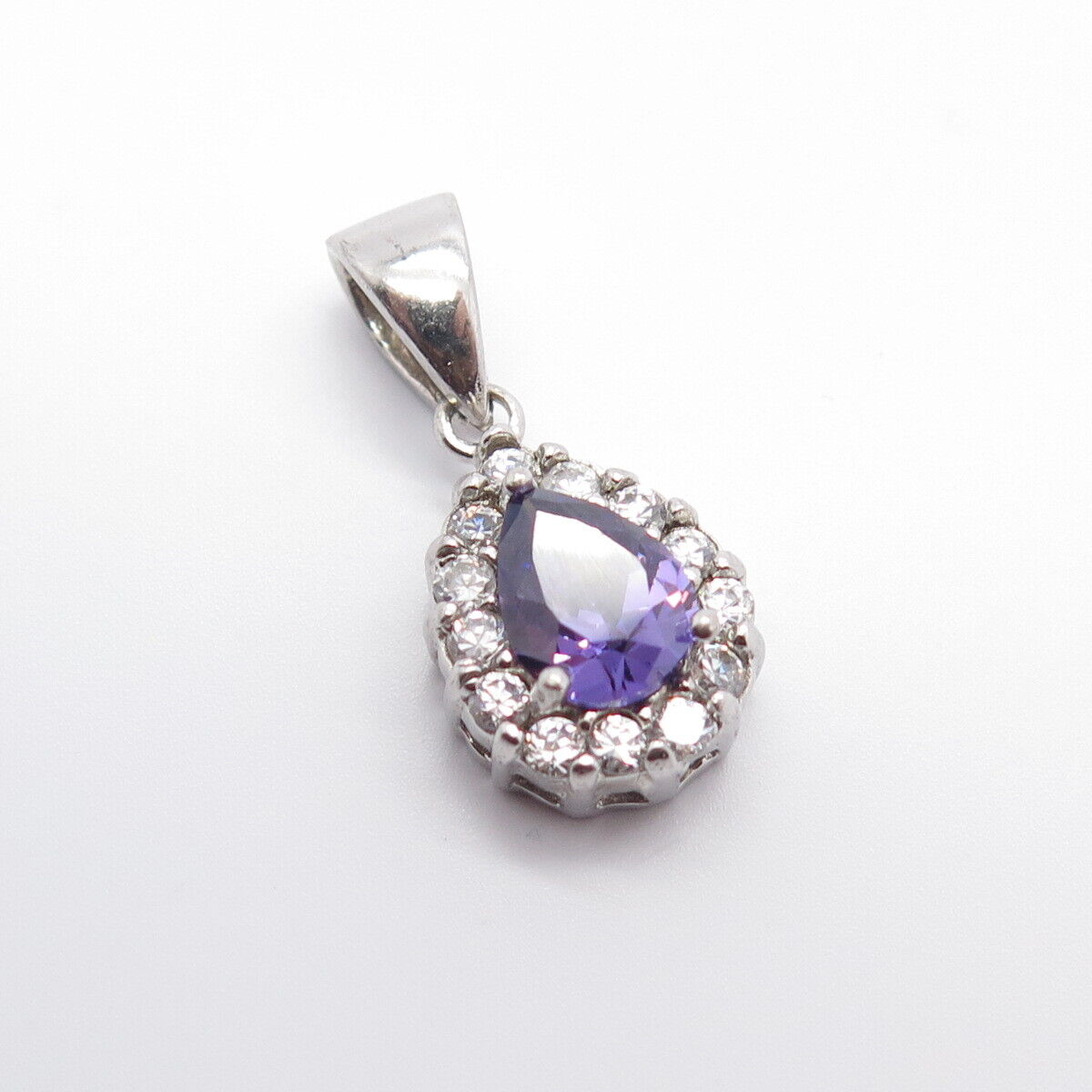 925 Sterling Silver White & Purple C Z Teardrop Charm Pendant