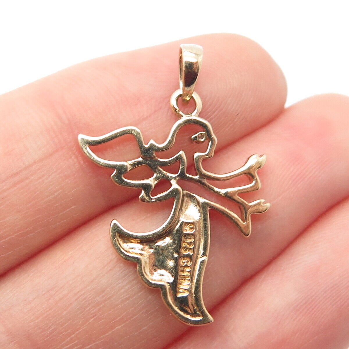 925 Sterling Silver Gold Plated Real Diamond Angel Pendant