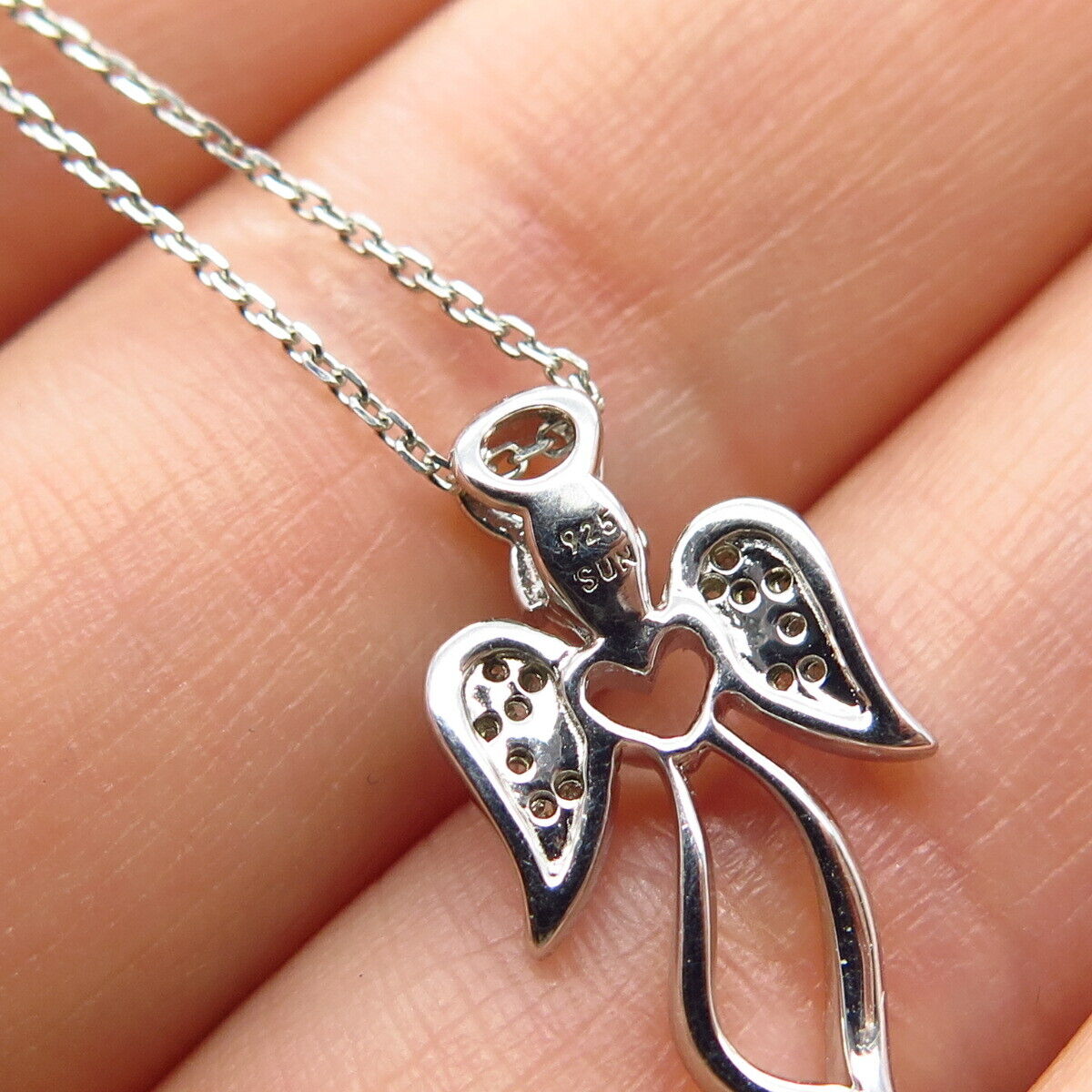 925 Sterling Silver 2-Tone Italy SUN White Diamond Angel Rolo Chain Necklace 18"