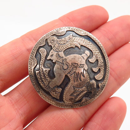 900 Silver Vintage Tribal Man & Bird Design Pin Brooch