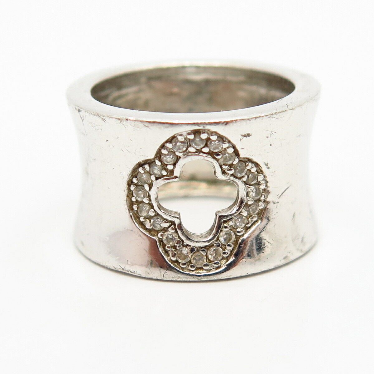 925 Sterling Silver C Z Cutout Floral Design Concave Wide Band Ring Size 6.5