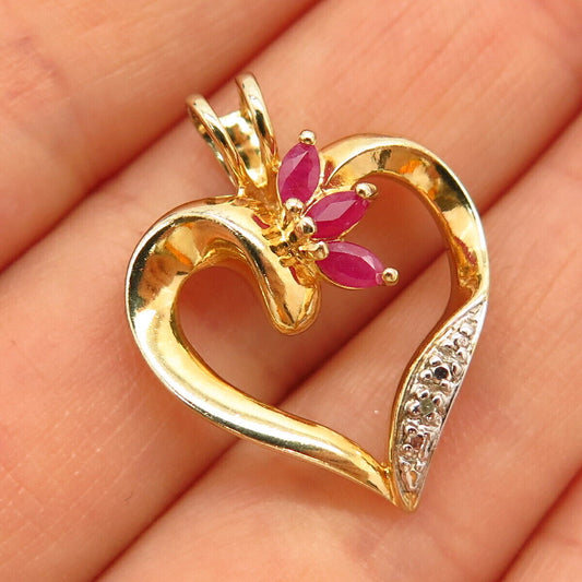 925 Sterling Gold Plated Real Diamond Accent & Ruby Gem Open Heart Pendant