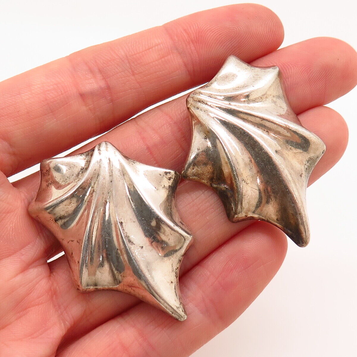 925 Sterling Silver Vintage Wrinkled Design Large Earrings