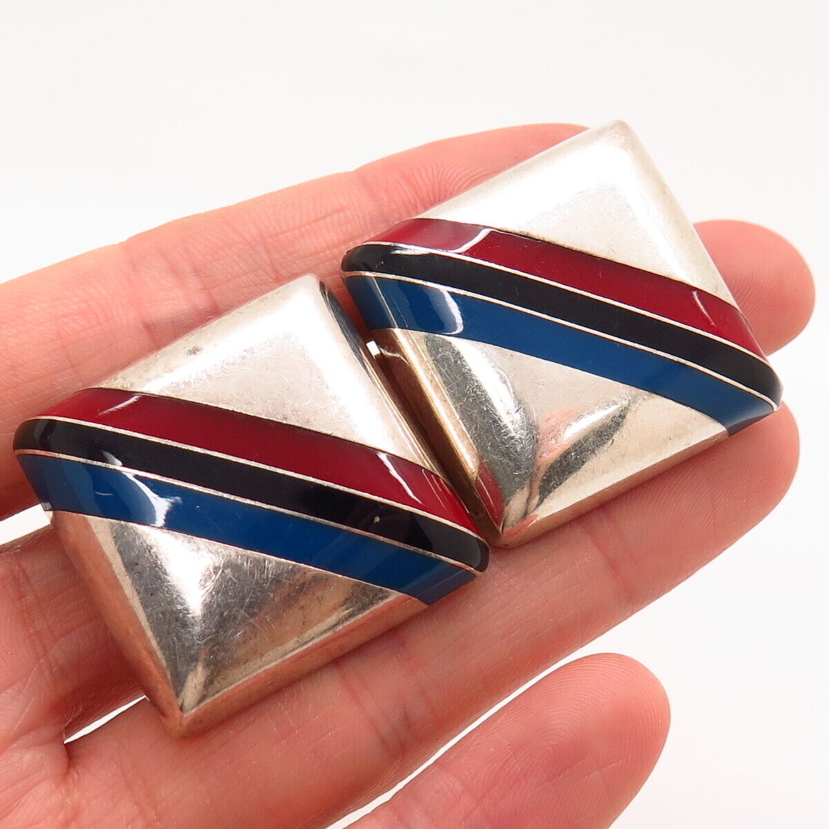 925 Sterling Silver Vintage Mexico Enamel Striped Design Square Clip On Earrings