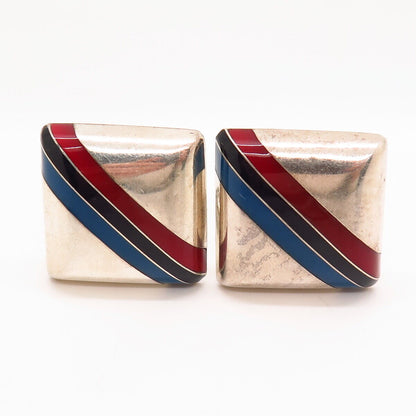 925 Sterling Silver Vintage Mexico Enamel Striped Design Square Clip On Earrings