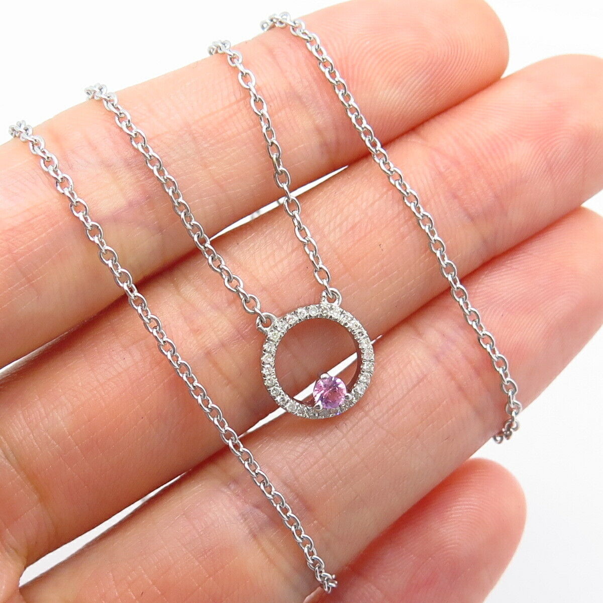 925 Sterling Silver Real Diamond & Pink Amethyst Gemstone Chain Necklace 17"