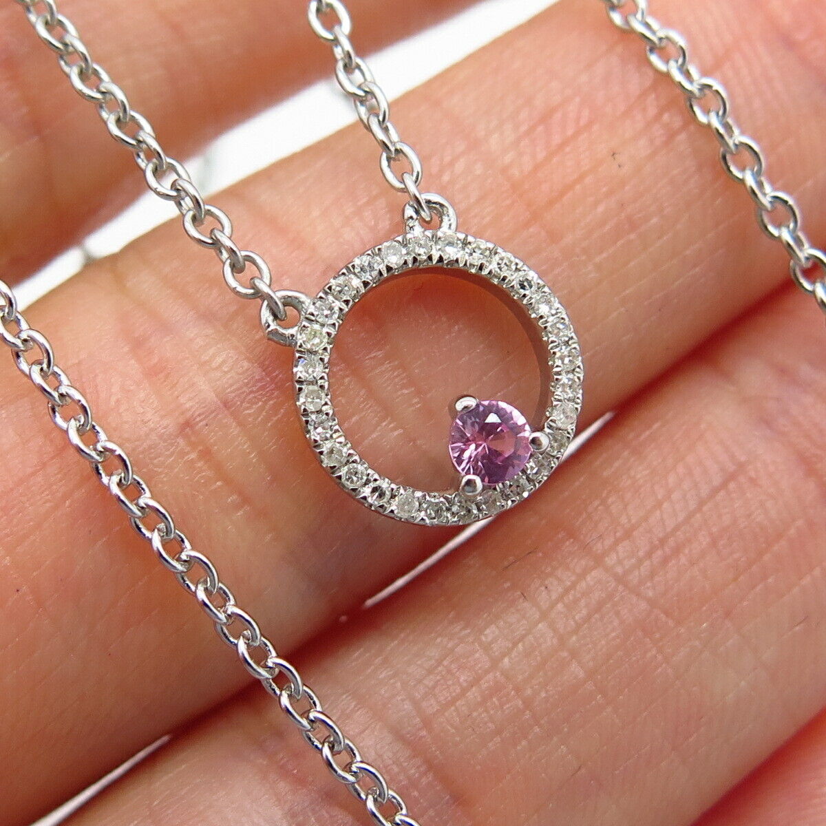 925 Sterling Silver Real Diamond & Pink Amethyst Gemstone Chain Necklace 17"