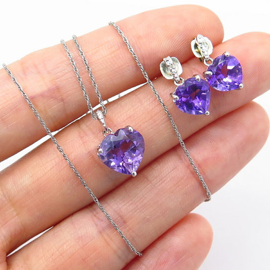 925 Sterling Real Diamond Accent & Amethyst Gem Set of Earrings Necklace 18"