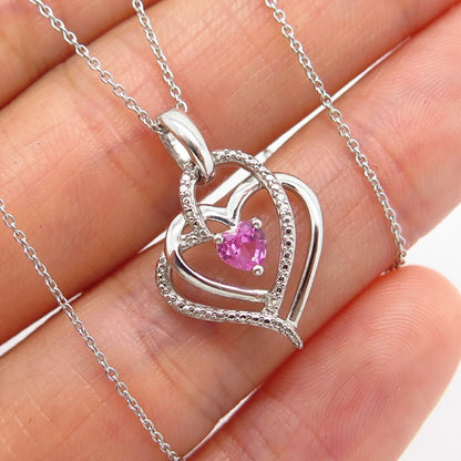 925 Sterling Diamond Accent & Amethyst Gem Open Heart Pendant Chain Necklace 18"