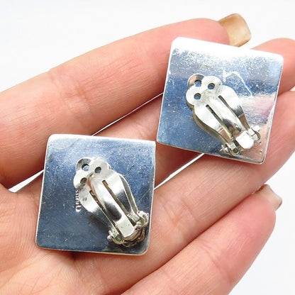 925 Sterling Silver Vintage Mexico Enamel Square Clip On Earrings