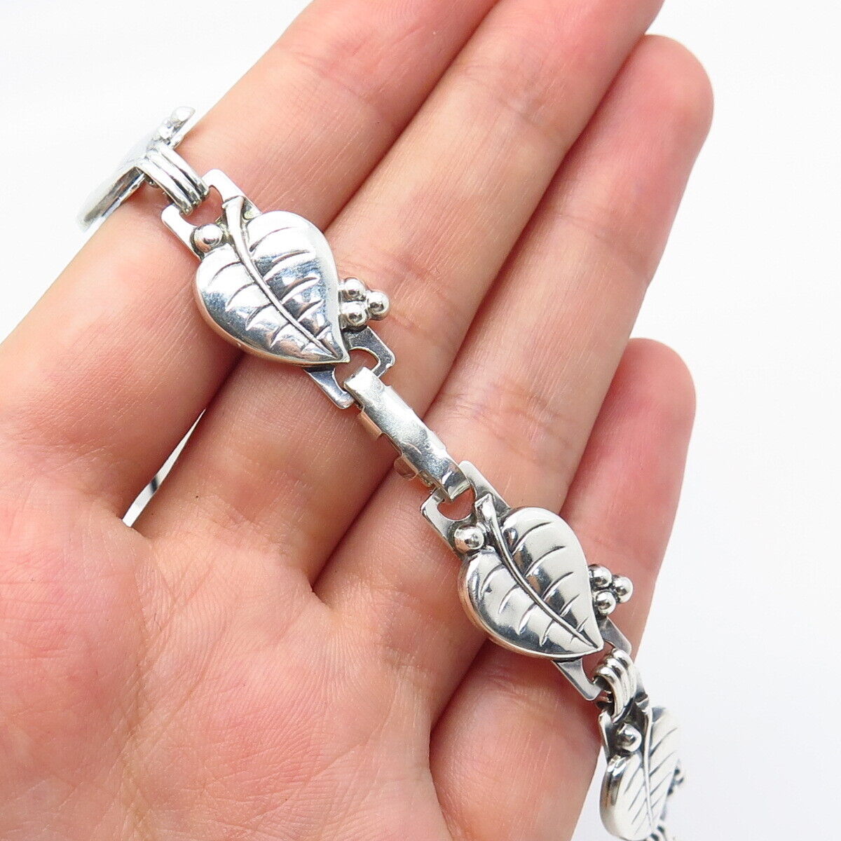 925 Sterling Silver Vintage Leaf Panel Link Chain Necklace 15"