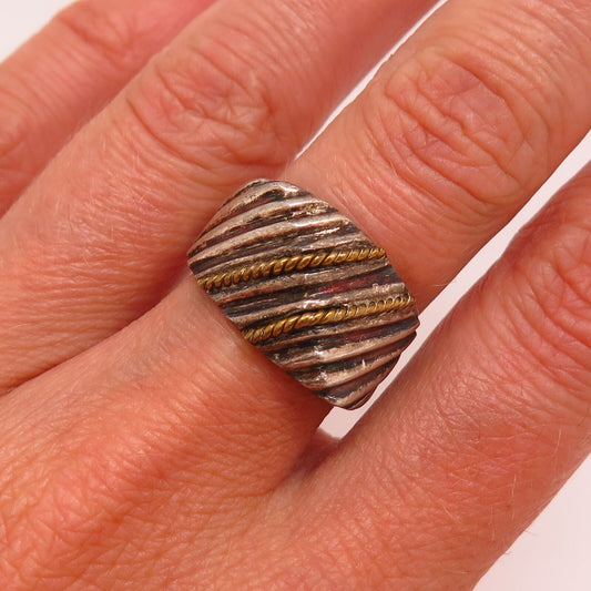 925 Sterling Silver 2-Tone Vintage Mexico Ribbed Design Ring Size 6.5