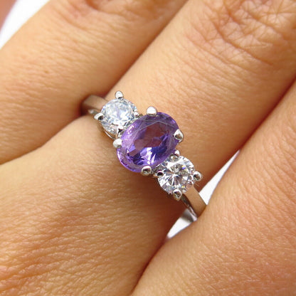 925 Sterling Silver Real Amethyst Gemstone & C Z Ring Size 8.25