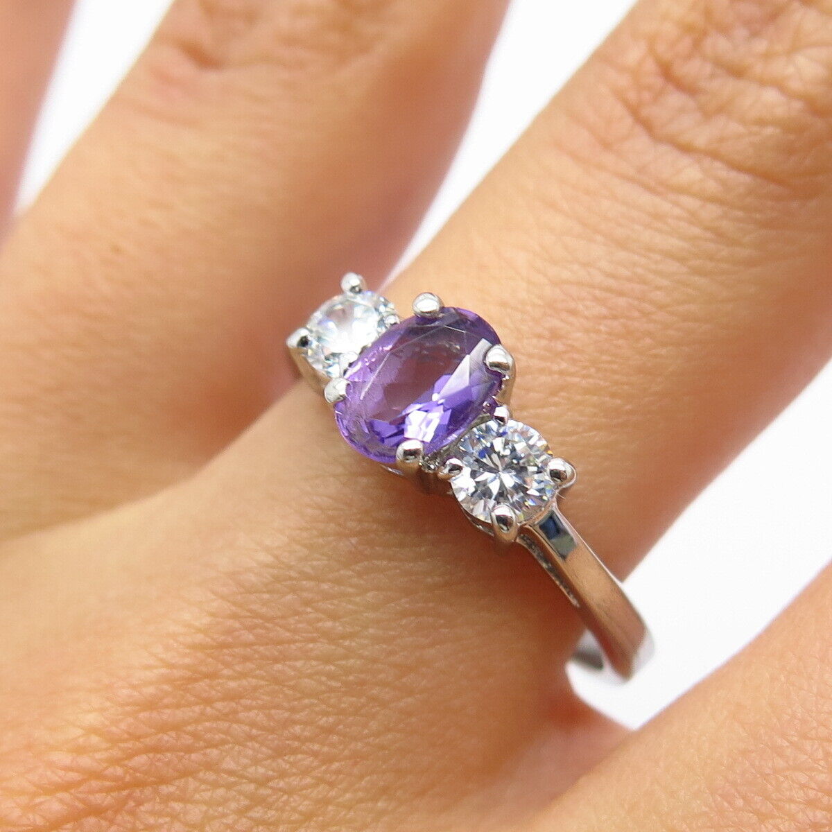 925 Sterling Silver Real Amethyst Gemstone & C Z Ring Size 8.25