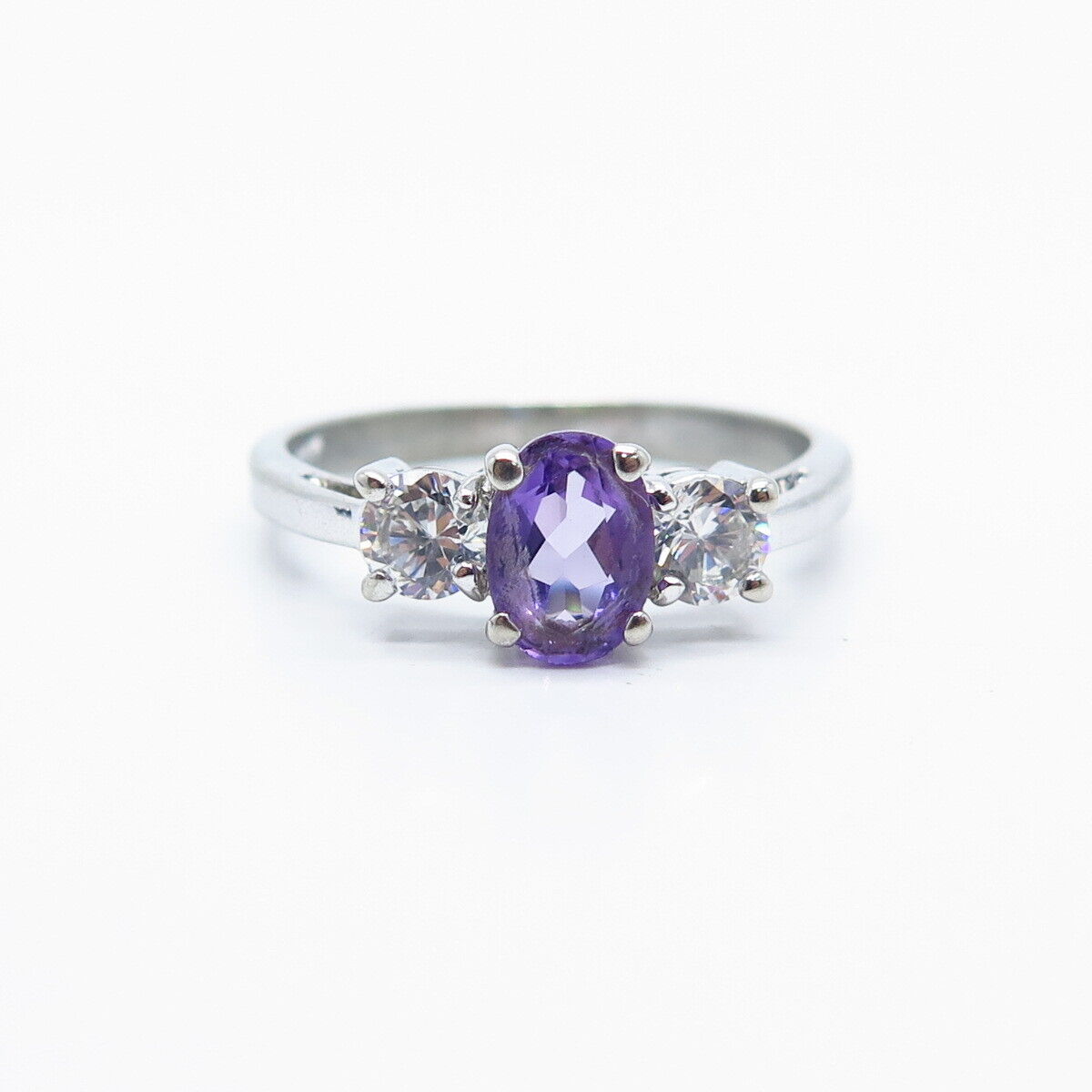 925 Sterling Silver Real Amethyst Gemstone & C Z Ring Size 8.25