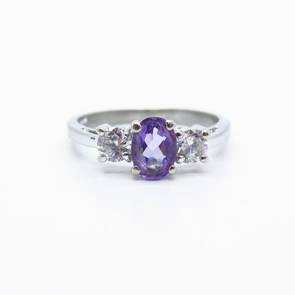 925 Sterling Silver Real Amethyst Gemstone & C Z Ring Size 8.25