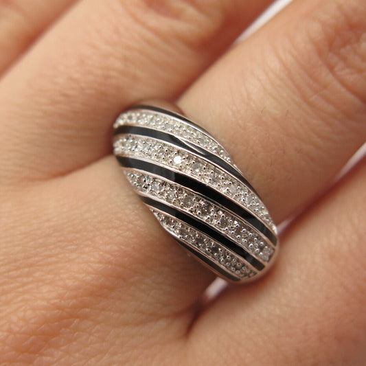 925 Sterling Silver Enamel Real White Diamond Striped Domed Ring Size 7.75"