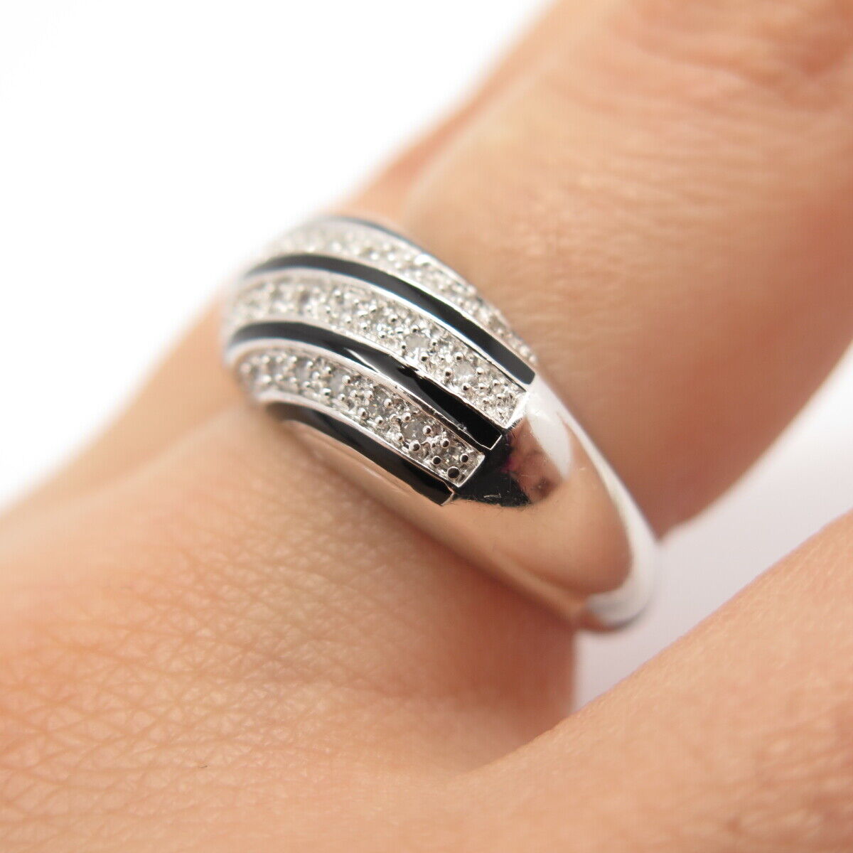 925 Sterling Silver Enamel Real White Diamond Striped Domed Ring Size 7.75"