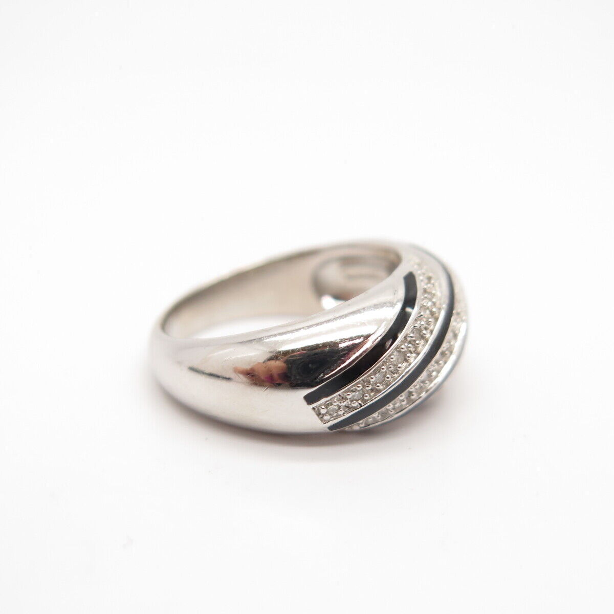 925 Sterling Silver Enamel Real White Diamond Striped Domed Ring Size 7.75"
