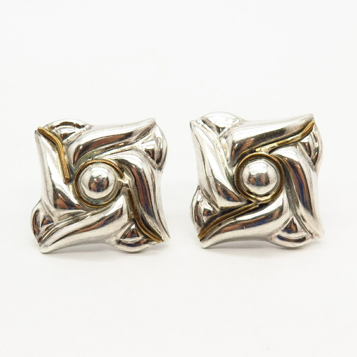 925 Sterling Silver 2-Tone Vintage Mexico Floral Design Earrings