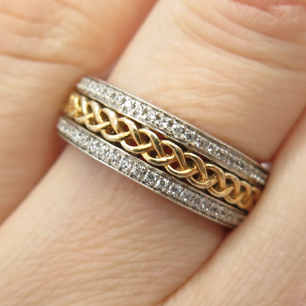 925 Sterling Silver 2-Tone C Z Braided / Woven Band Ring Size 6 3/4