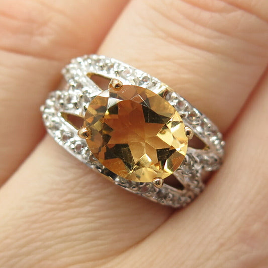 925 Sterling Silver Gold Plated Real White Topaz & Citrine Gem Ring Size 6 3/4