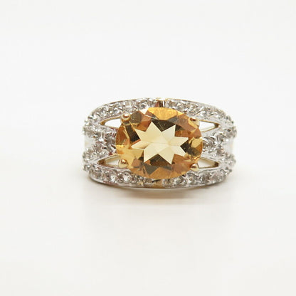 925 Sterling Silver Gold Plated Real White Topaz & Citrine Gem Ring Size 6 3/4