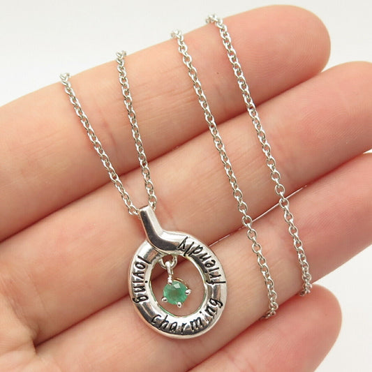 925 Sterling Silver Real Emerald Gem Oval Pendant Rolo Chain Necklace 18"