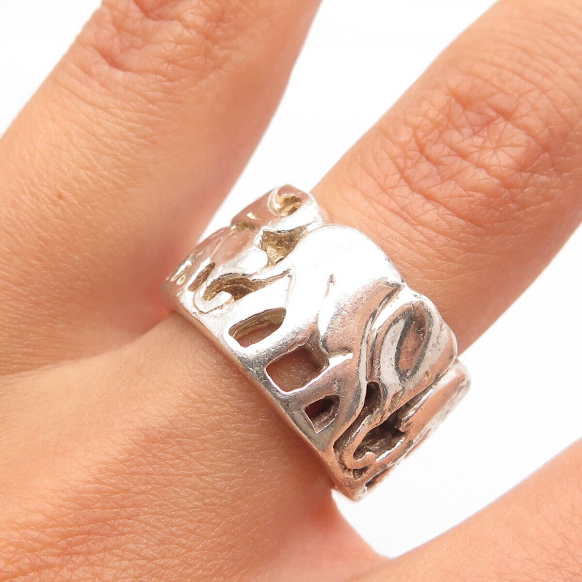 925 Sterling Silver Vintage Elephant Family Band Ring Size 7