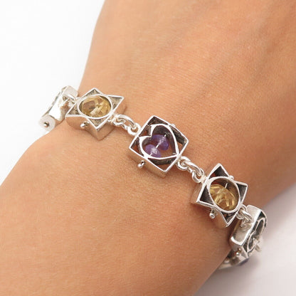 925 Sterling Silver Vintage Real Aquamarine Citrine Amethyst Gem Bracelet 6.75"