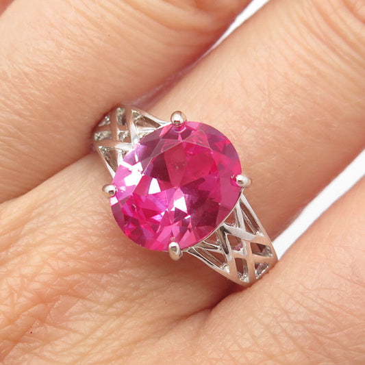 925 Sterling Silver Lab-Created Pink Sapphire Ring Size 8.75