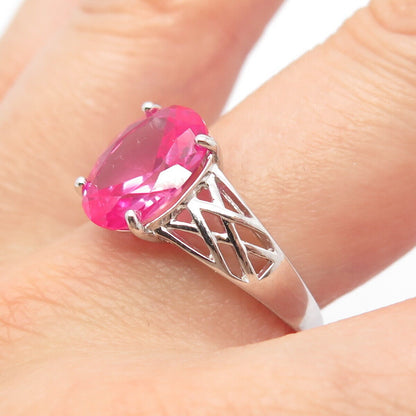 925 Sterling Silver Lab-Created Pink Sapphire Ring Size 8.75