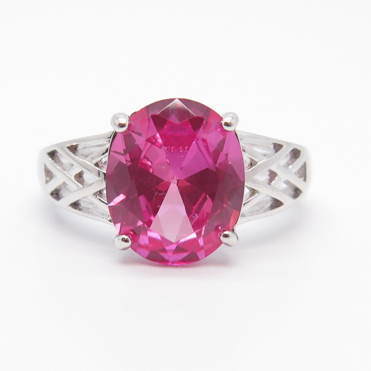 925 Sterling Silver Lab-Created Pink Sapphire Ring Size 8.75