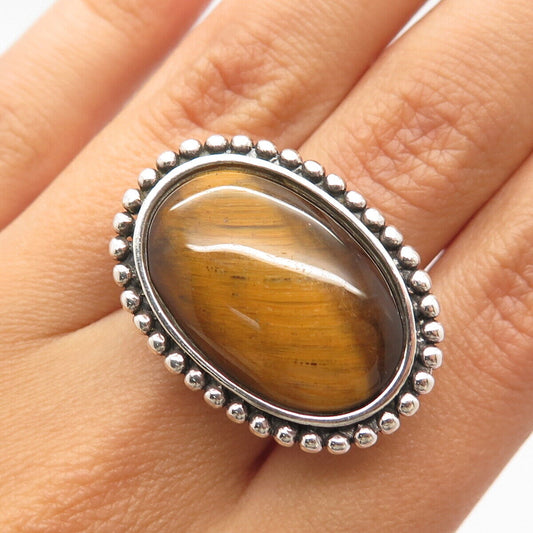 925 Sterling Silver Vintage Real Tiger Eye Gemstone Beaded Ring Size 7.25