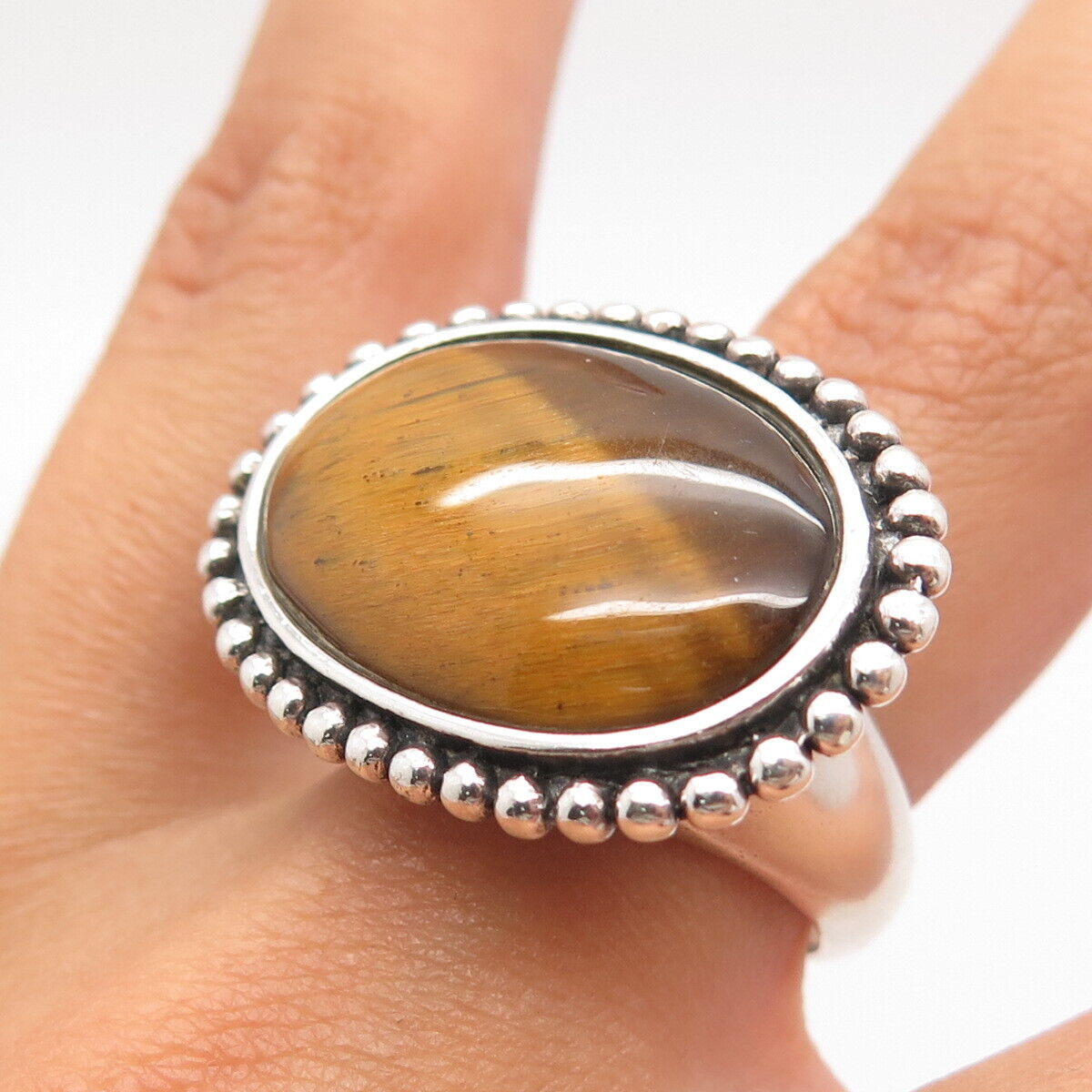 925 Sterling Silver Vintage Real Tiger Eye Gemstone Beaded Ring Size 7.25