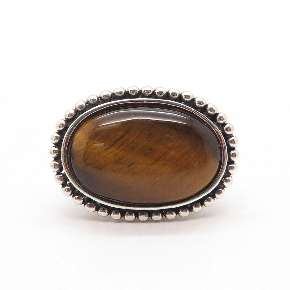 925 Sterling Silver Vintage Real Tiger Eye Gemstone Beaded Ring Size 7.25