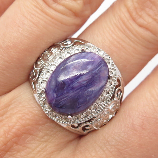 925 Sterling Silver Real Charoite Gemstone Ornate Wide Ring Size 9