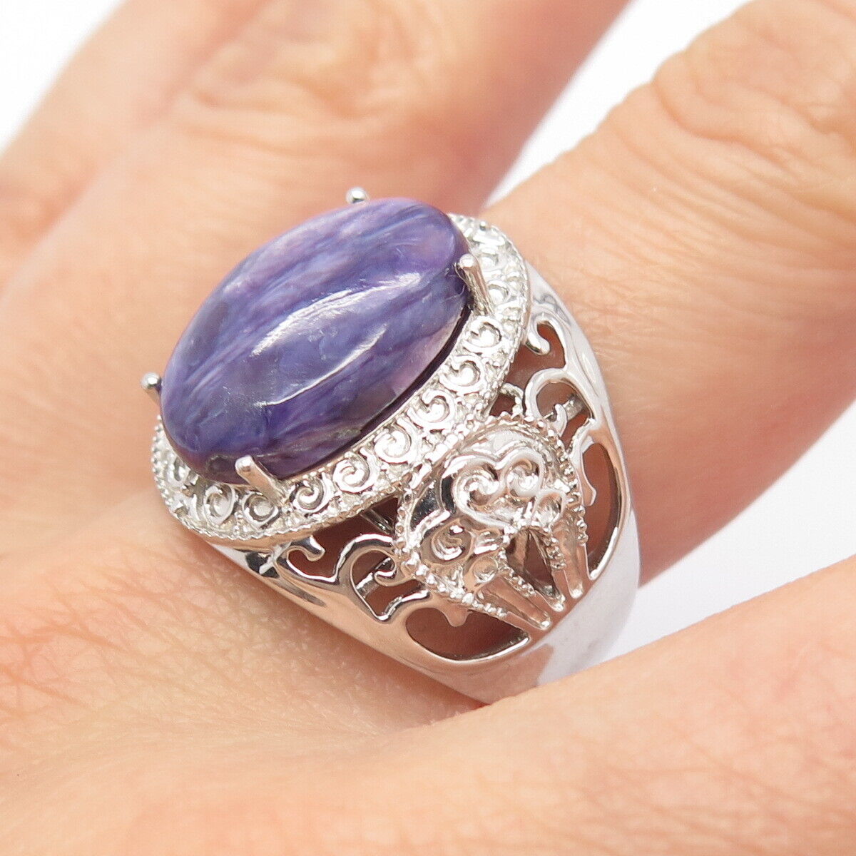 925 Sterling Silver Real Charoite Gemstone Ornate Wide Ring Size 9