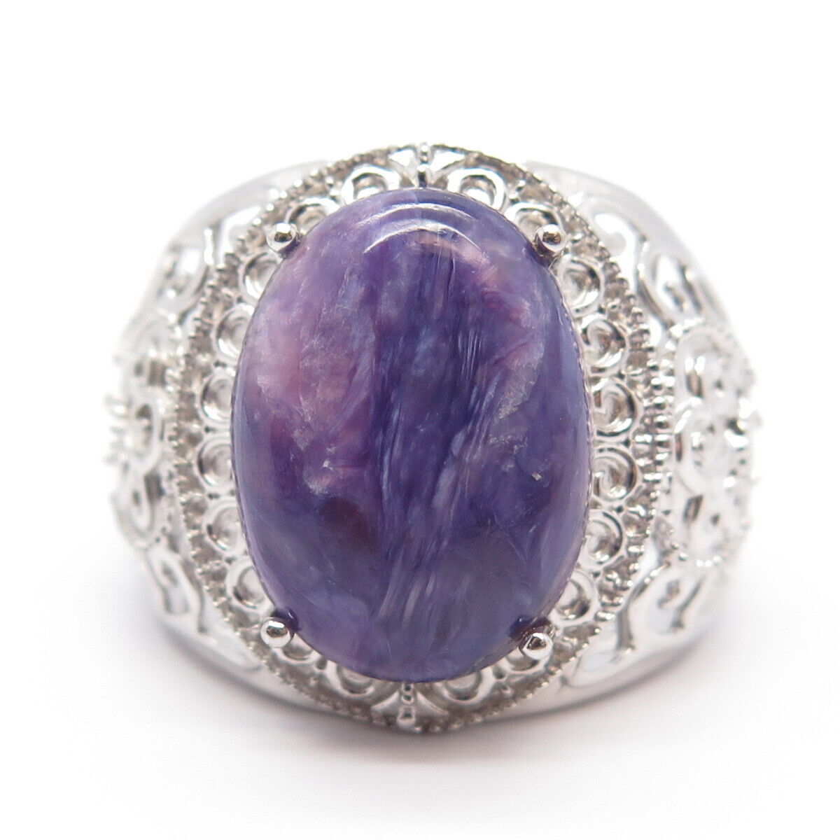 925 Sterling Silver Real Charoite Gemstone Ornate Wide Ring Size 9