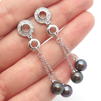 925 Sterling Silver Real Brown Pearl & C Z Dangling Earrings